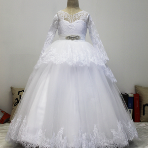 Flower Girl Dress Long Sleeves Lace Covered Tulle Skirt Girls Party Dresses and communion Quinceanera Dresses Ball Gown Beaded belt backless bow tie Dresses
