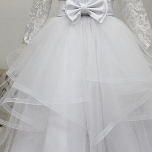 Backless Lovely Flower Girl Dress Prom Gown Long sleeve Lace covered soft Tulle Princess First Communion Dresses Pageant Tutu Dress with Bow Knot