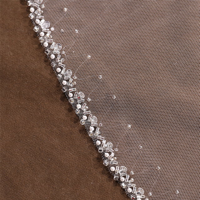 French lace embellished with Beads，Rhinestones，Crystals，Pearls & Sequins Single Layer Bridal Wedding Fingertip Veil named V3089