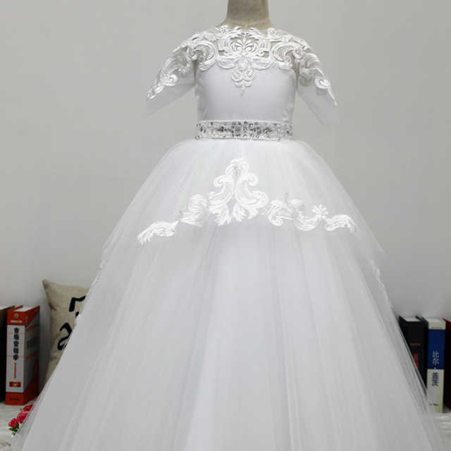 Embroidery lace Accented handed crystal beaded the Belt Tulle 3D First Communion Dresses Prom Ceremony & Wedding Pageant Flower Girl Dress Quinceanera Dresses