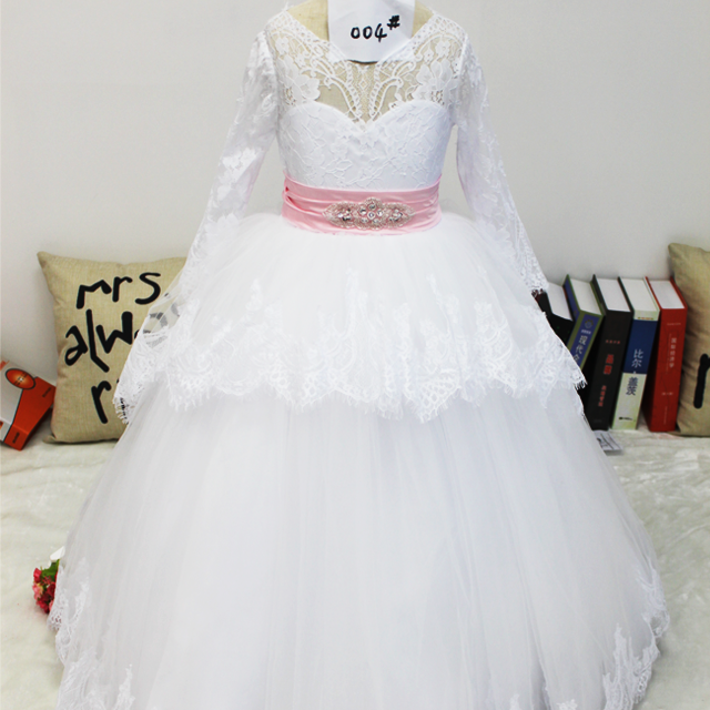 Flower Girl Dress Long Sleeves Lace Covered Tulle Skirt Girls Party Dresses and communion Quinceanera Dresses Ball Gown Beaded belt backless bow tie Dresses