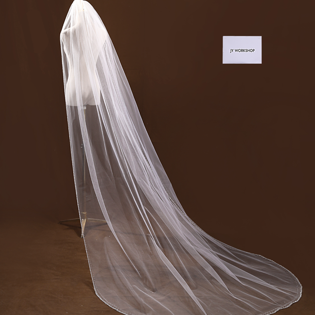 French lace embellished with Beads，Rhinestones，Crystals，Pearls & Sequins Single Layer Bridal Wedding Fingertip Veil named V3089