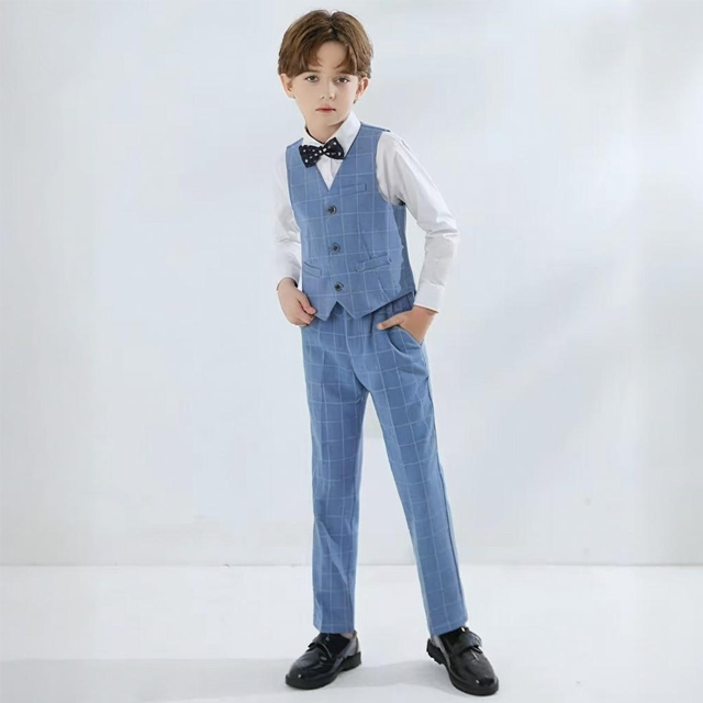 Boys' 4-Pieces Formal Suits, Wedding Ring Bearer Outfits Vest Pants with Dress Shirt Bow Tie for Graduation 2-13 Years