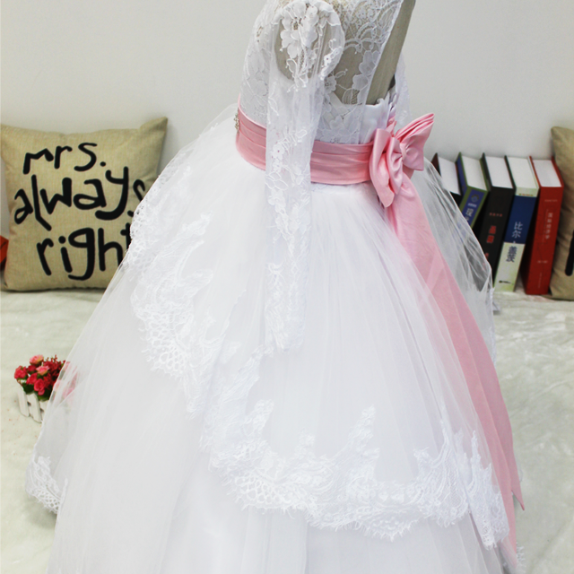 Flower Girl Dress Long Sleeves Lace Covered Tulle Skirt Girls Party Dresses and communion Quinceanera Dresses Ball Gown Beaded belt backless bow tie Dresses