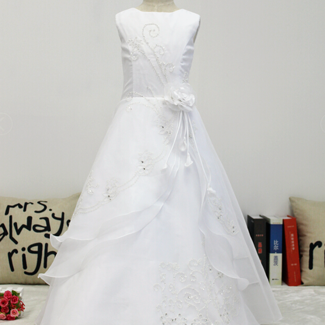 Flower Girls Dresses for Wedding Satin Tulle Princess Pageant Dress Kids Pearls Prom Ball Gowns with handed Flower Decoration