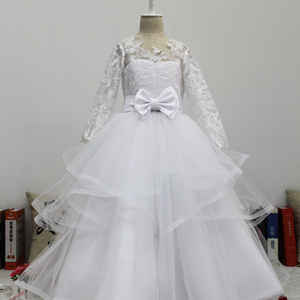 Backless Lovely Flower Girl Dress Prom Gown Long sleeve Lace covered soft Tulle Princess First Communion Dresses Pageant Tutu Dress with Bow Knot