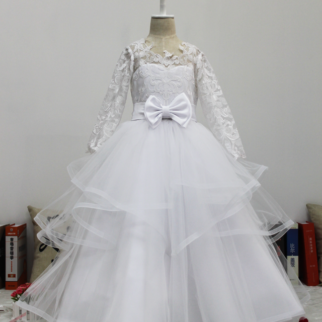 Backless Lovely Flower Girl Dress Prom Gown Long sleeve Lace covered soft Tulle Princess First Communion Dresses Pageant Tutu Dress with Bow Knot