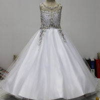 Satin & Organza Fabric Dress Beaded Flower shapes on top shown round Neck Flower Girl Dress - First Communion Dresses Tulle Princess Dresses A line sleeveness string tie 