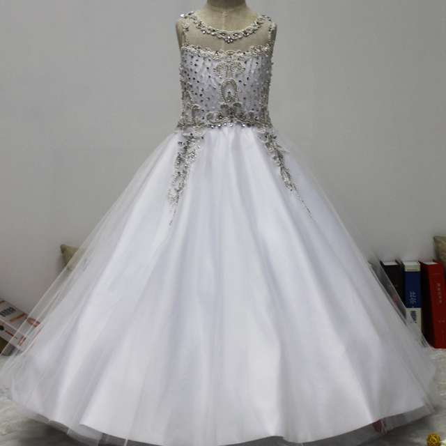 Satin & Organza Fabric Dress Beaded Flower shapes on top shown round Neck Flower Girl Dress - First Communion Dresses Tulle Princess Dresses A line sleeveness string tie 