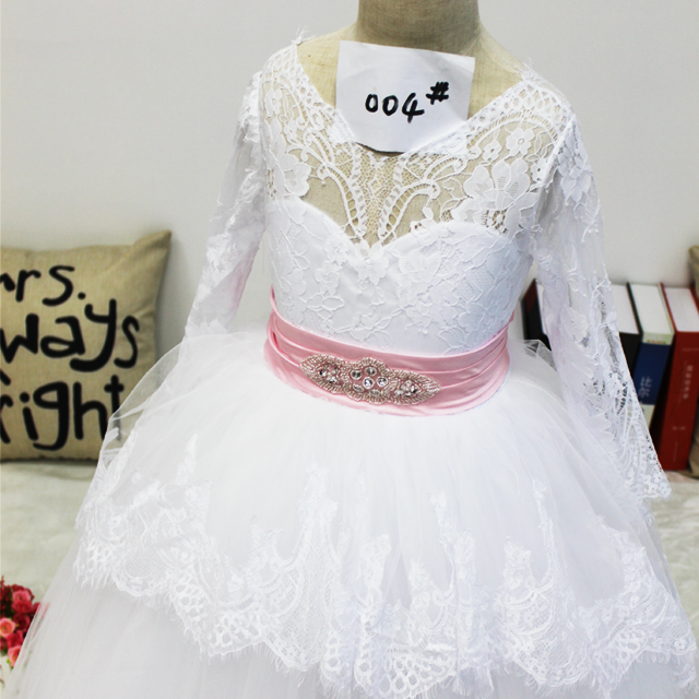 Flower Girl Dress Long Sleeves Lace Covered Tulle Skirt Girls Party Dresses and communion Quinceanera Dresses Ball Gown Beaded belt backless bow tie Dresses