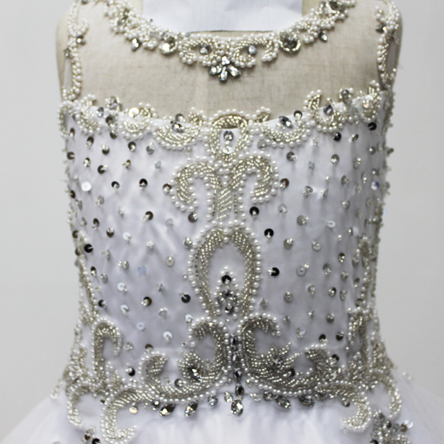 Satin & Organza Fabric Dress Beaded Flower shapes on top shown round Neck Flower Girl Dress - First Communion Dresses Tulle Princess Dresses A line sleeveness string tie 