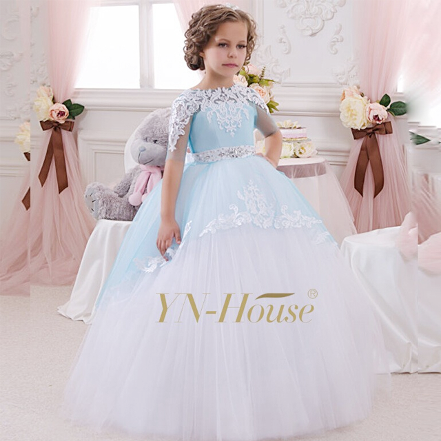 Embroidery lace Accented handed crystal beaded the Belt Tulle 3D First Communion Dresses Prom Ceremony & Wedding Pageant Flower Girl Dress Quinceanera Dresses
