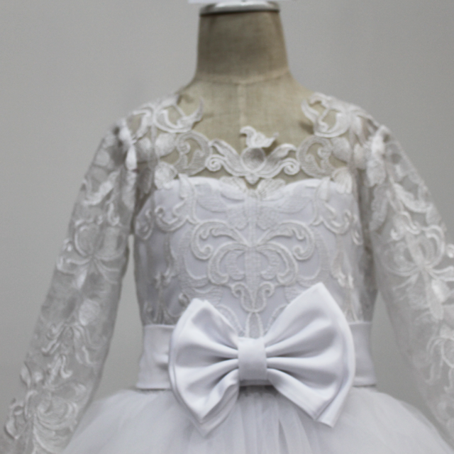 Backless Lovely Flower Girl Dress Prom Gown Long sleeve Lace covered soft Tulle Princess First Communion Dresses Pageant Tutu Dress with Bow Knot