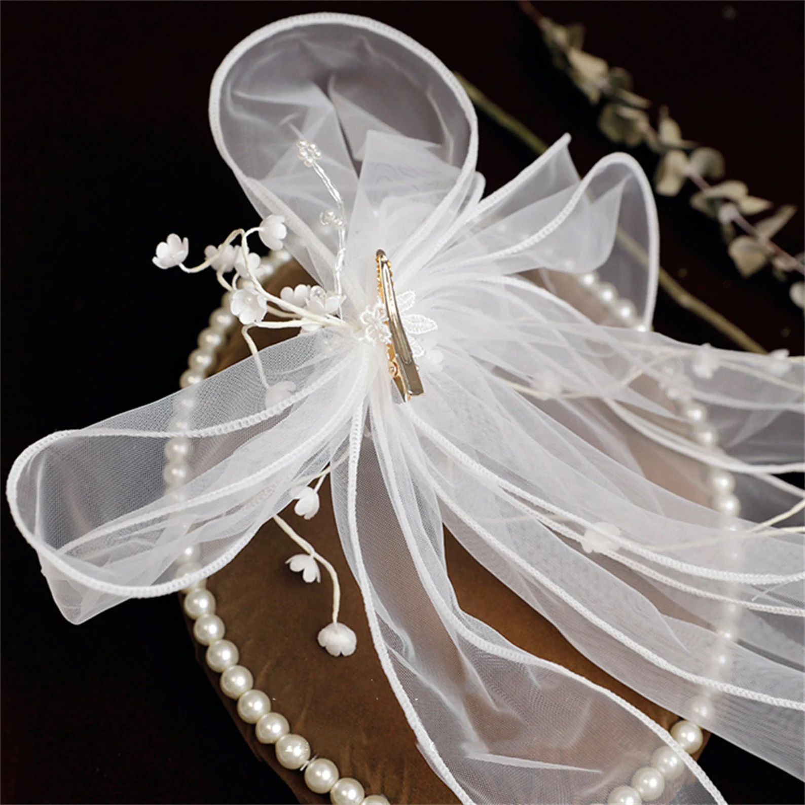Bridal Hair Bow Veil White Bow Clip Bachelorette Party Decorations Pearl Accessories